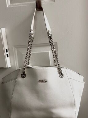 Furla Designer White Leather Tote with Silver Chain Straps NWOT